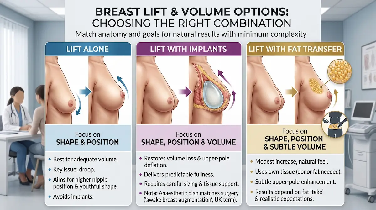 Infographic comparing breast lift options: lift alone, lift with implants, and lift with fat transfer for shape, position and volume.