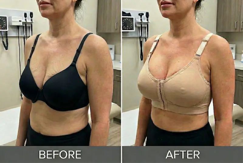 Breast Lift With Implants before and after photo showing improved lift, fuller upper pole, and better projection.