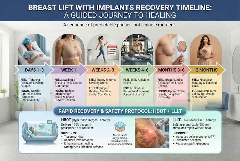 Breast Lift With Implants recovery timeline infographic showing healing phases and HBOT + LLLT support.