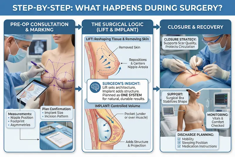 Breast Lift With Implants step-by-step diagram showing pre-op marking, lift + implant logic, and closure recovery.