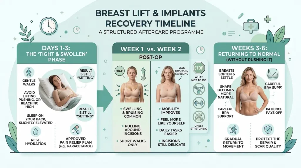 Breast lift with implants recovery timeline infographic showing days 1–3, week 1 vs week 2, and weeks 3–6 aftercare milestones.