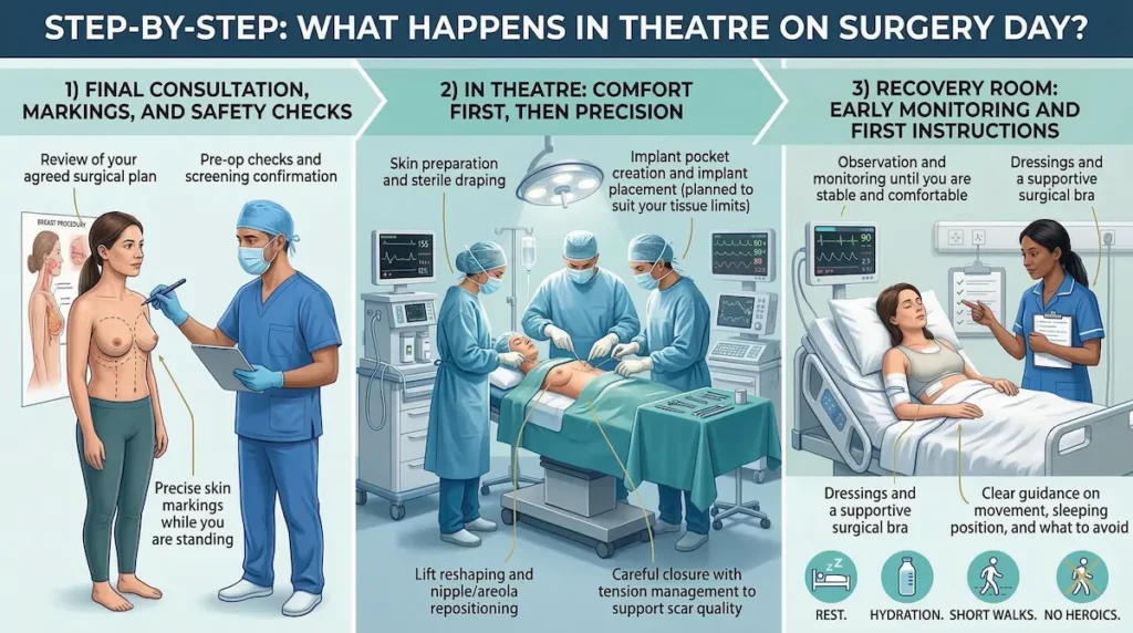 Step-by-step diagram of breast lift with implants showing consultation markings, theatre procedure, and recovery room monitoring after surgery.