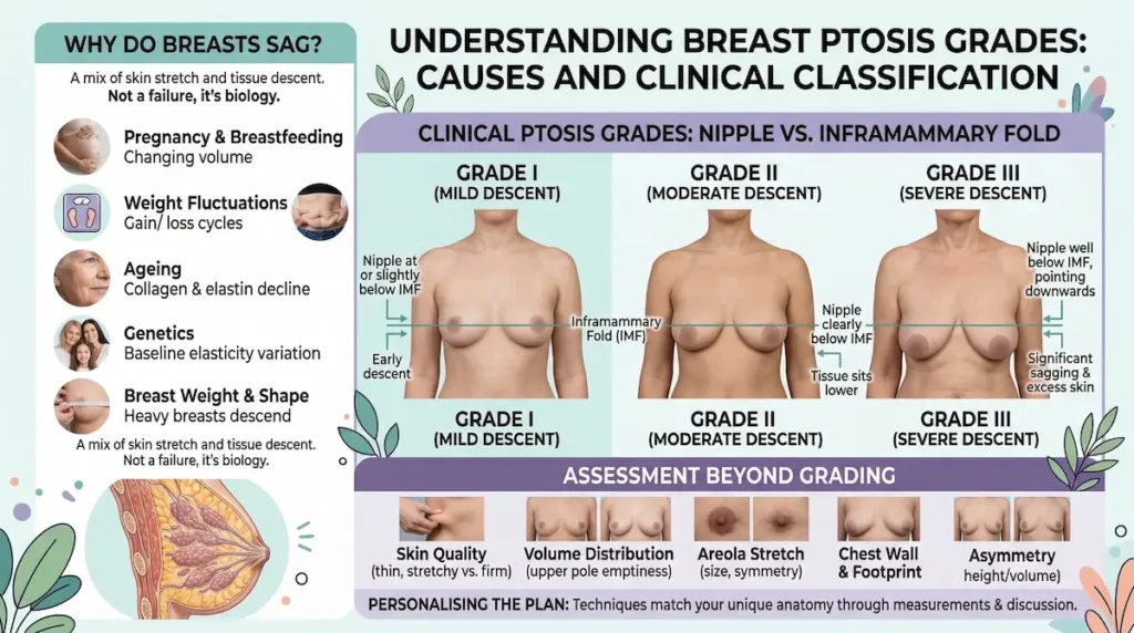 Breast Lift (Mastopexy) planning infographic explaining breast ptosis grades (Grade I–III) using nipple position vs inframammary fold.