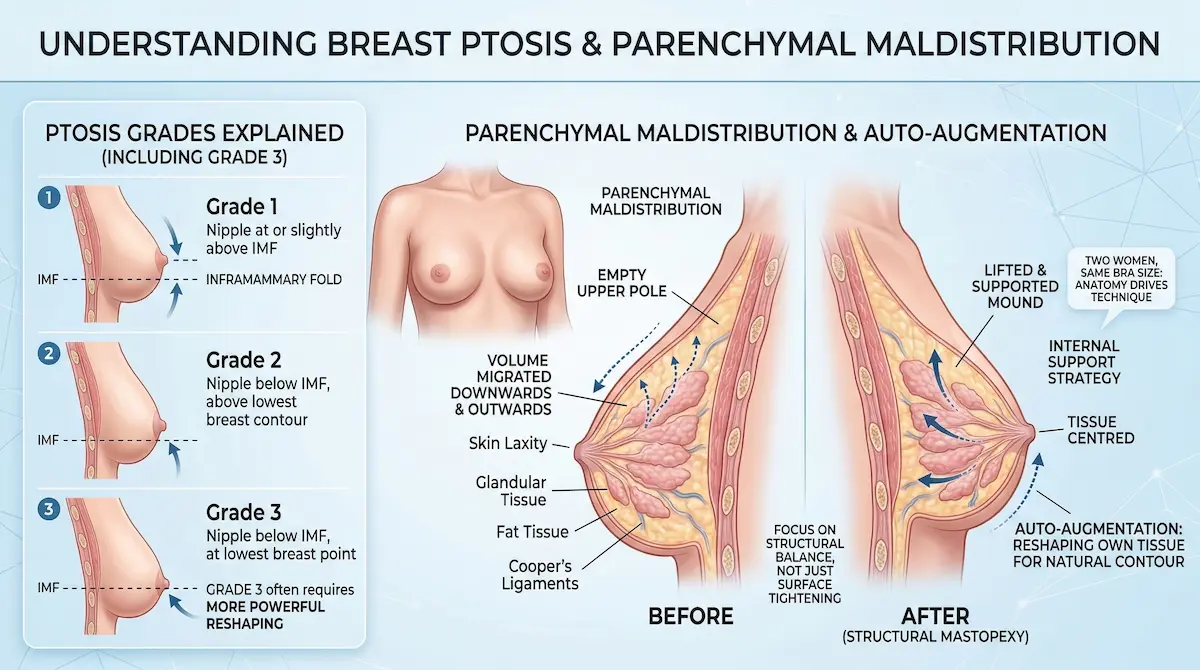 Medical diagram showing breast ptosis grades (1–3), parenchymal maldistribution, and auto-augmentation mastopexy before/after.