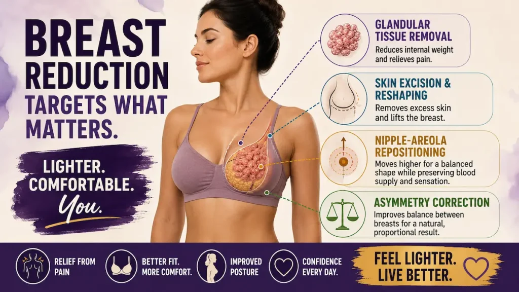 Breast reduction surgery diagram showing glandular tissue removal, skin reshaping, nipple-areola repositioning, and asymmetry correction.