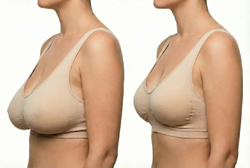 Breast Reduction Before and After side-view image showing reduced volume and a more lifted, proportionate contour in a bra.