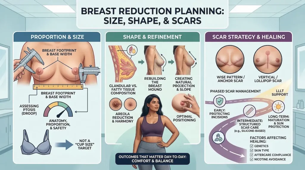 Breast Reduction planning infographic showing anatomy-first sizing, shape refinement, and scar strategy (Wise pattern anchor vs vertical lollipop) with scar healing timeline.