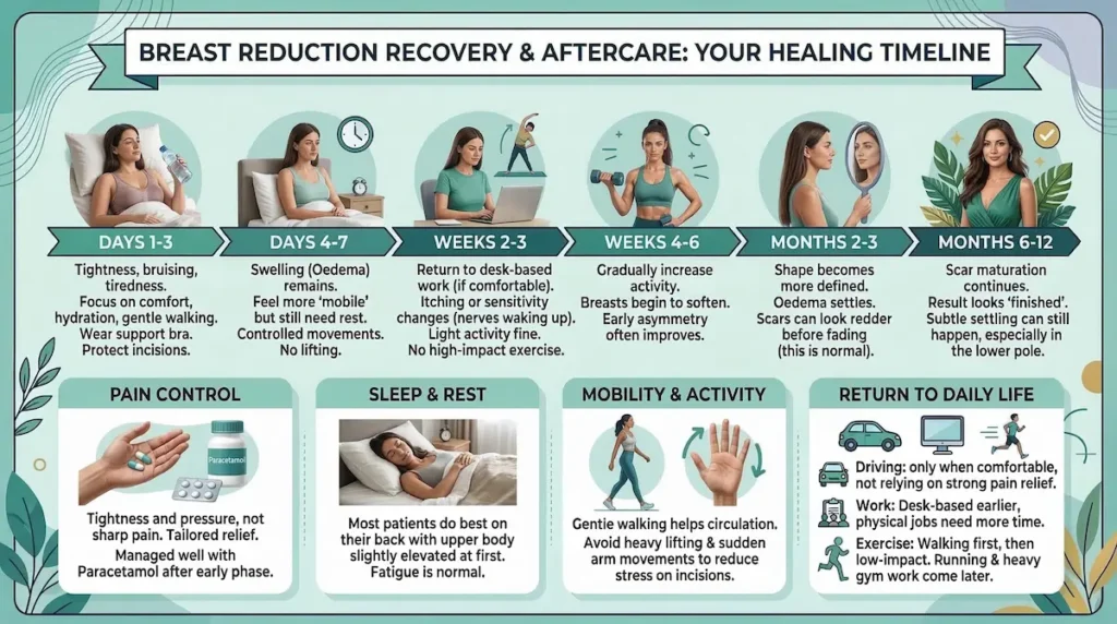 Breast Reduction recovery timeline infographic showing reduction mammoplasty aftercare from days 1–3 to months 6–12, including swelling (oedema), activity limits, and scar maturation.