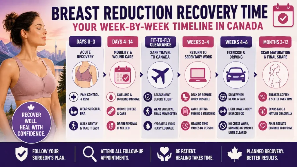 Breast reduction recovery timeline infographic showing week-by-week healing, fit-to-fly clearance, surgical bra care, and scar maturation.