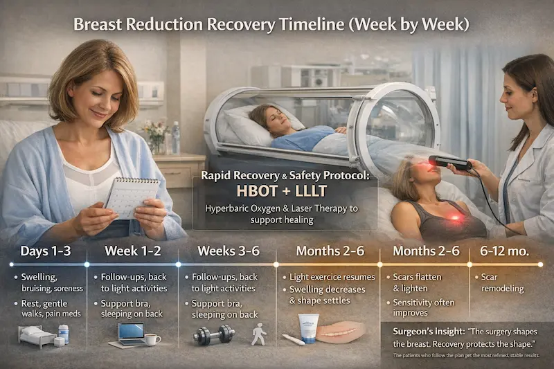 Breast Reduction Recovery Timeline infographic showing week-by-week healing milestones and HBOT + LLLT rapid recovery support.