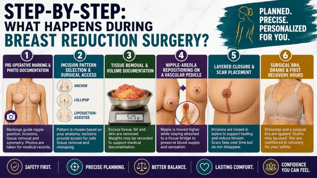 Breast reduction surgery step-by-step infographic showing markings, incision selection, tissue removal, nipple repositioning, closure, and recovery.