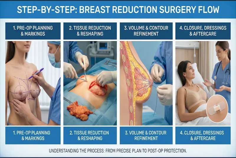 Breast Reduction Surgery step-by-step infographic showing pre-op planning, tissue reduction, contour refinement, and aftercare.