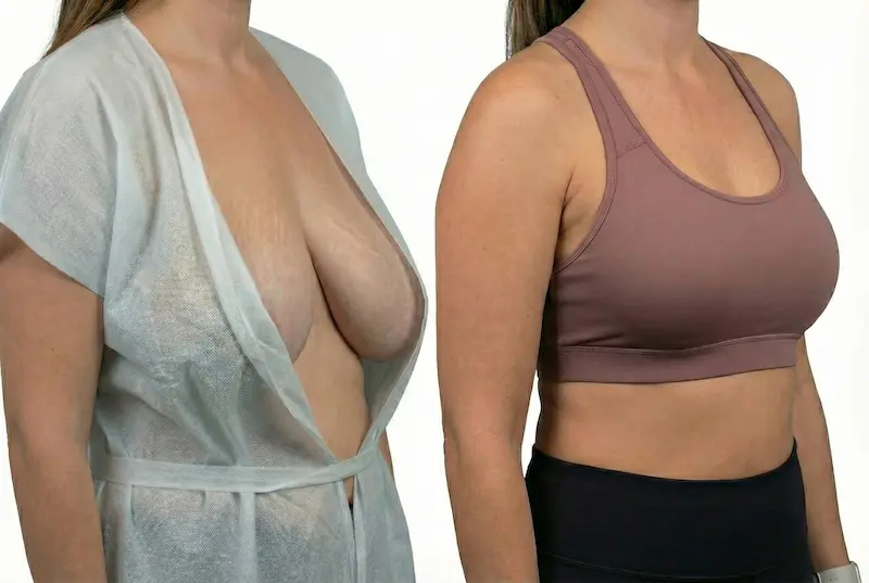 Breast Reduction Surgery before and after side view showing reduced breast volume and a more proportionate, natural contour.
