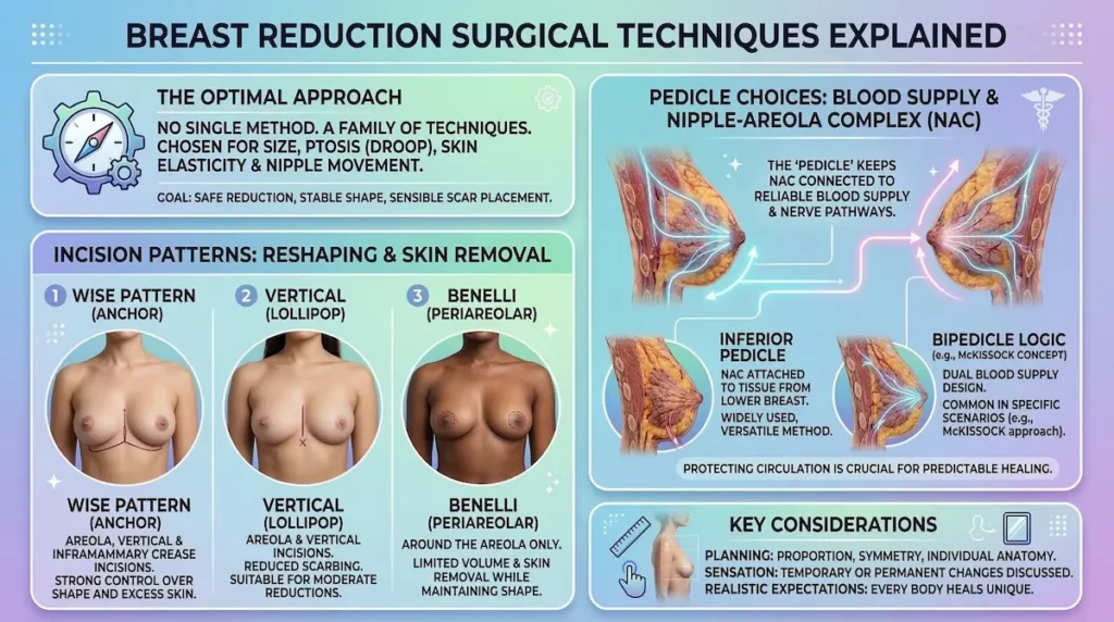 Breast Reduction surgical techniques infographic showing Wise pattern (anchor), vertical (lollipop) and Benelli (periareolar) approaches plus pedicle options for nipple–areola blood supply.