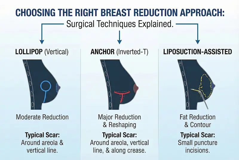 Breast Reduction surgical techniques infographic comparing lollipop (vertical), anchor (inverted-T), and liposuction-assisted approaches with typical scar patterns.