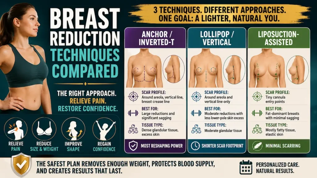 Breast reduction techniques infographic comparing anchor, lollipop, and liposuction-assisted approaches.