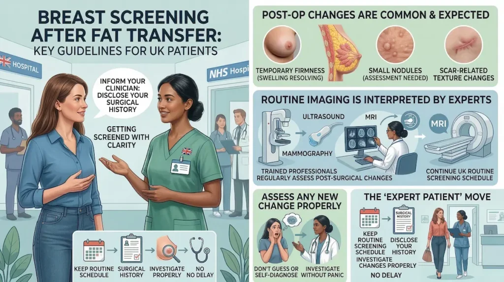 Fat Transfer Breast Augmentation screening guide showing UK mammogram, ultrasound and MRI advice after fat grafting