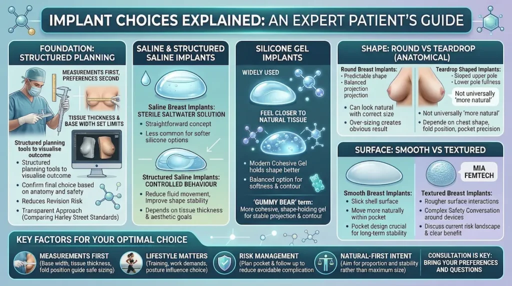 Breast Enlargement implant options infographic showing saline and silicone implants, round vs teardrop shapes, and smooth vs textured surfaces for expert patient planning.