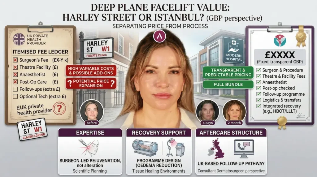 Value comparison graphic for Sarah’s deep plane facelift story, contrasting Harley Street itemised fees with Istanbul transparent GBP pricing and aftercare structure.
