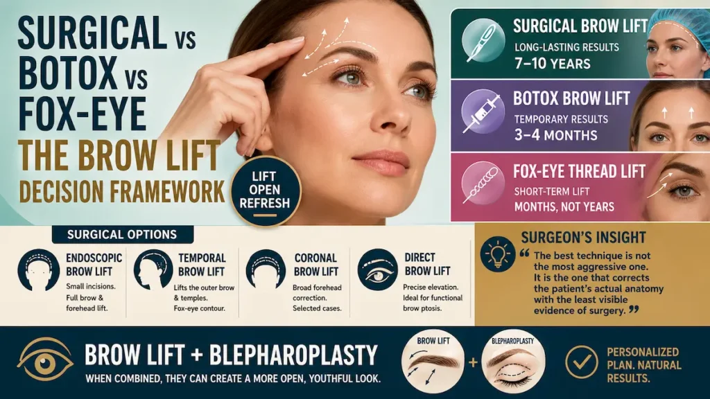Brow lift decision framework comparing surgical brow lift, Botox brow lift, and fox-eye thread lift options.