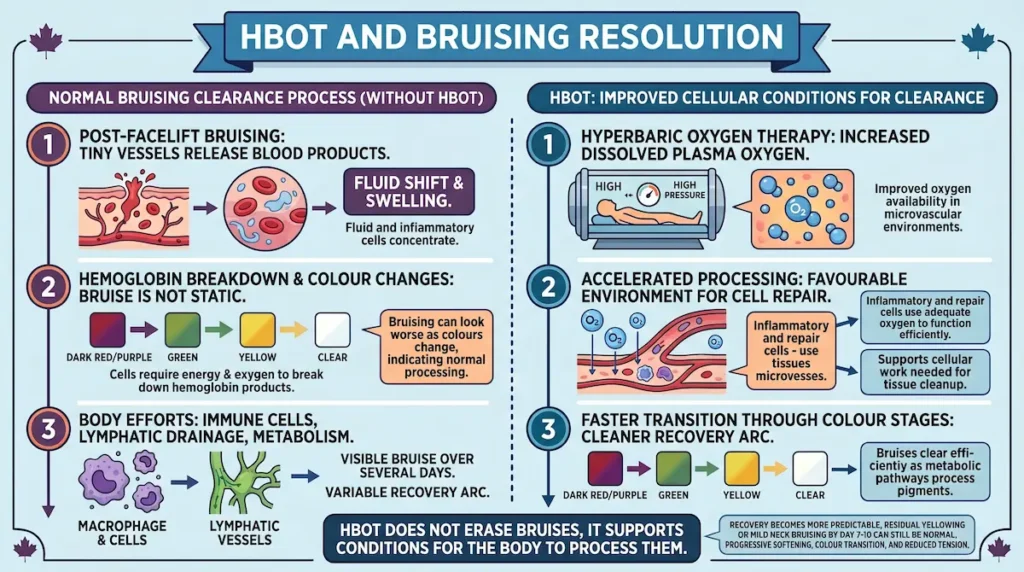 Speed up facelift recovery hbot diagram showing bruising clearance stages and oxygen support after facelift surgery.