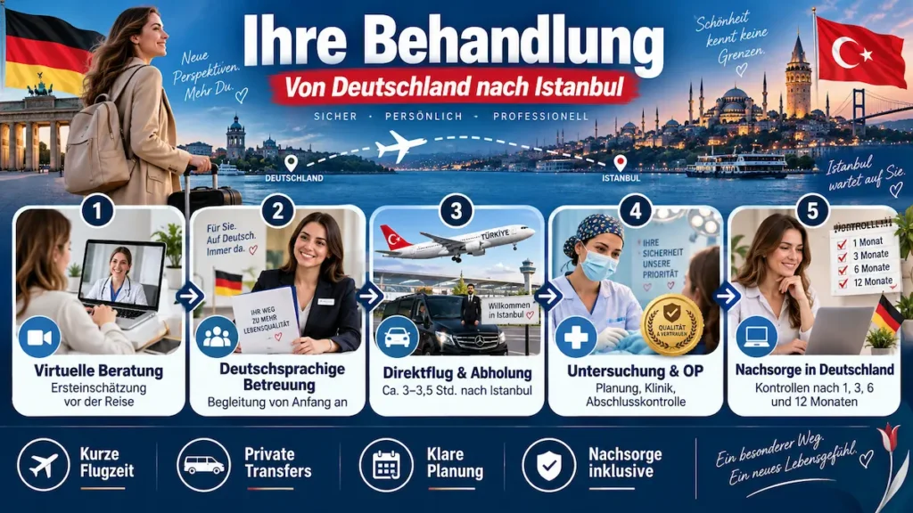 Infografik zur Bruststraffung in der Türkei: Beratung, deutschsprachige Koordination, Anreise, Operation und Nachsorge.