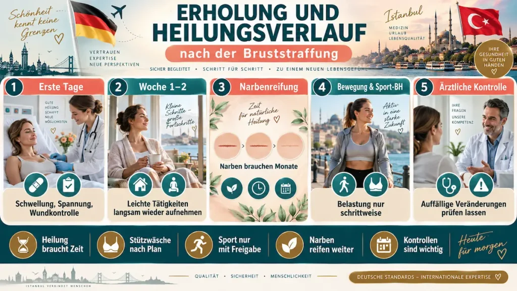 Infografik zur Erholung nach der Bruststraffung in der Türkei: Wundkontrolle, Narbenreifung, Sport-BH und ärztliche Nachsorge.