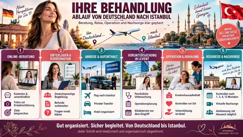 Ablauf einer Bruststraffung mit Implantaten in Istanbul – von der Online-Beratung in Deutschland bis zur Nachkontrolle.