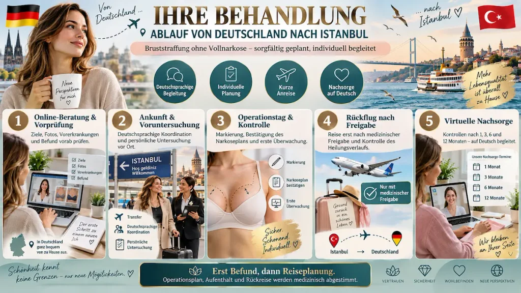 Bruststraffung ohne Vollnarkose: Infografik zum Ablauf von Deutschland nach Istanbul mit Beratung, Operation und Nachsorge.