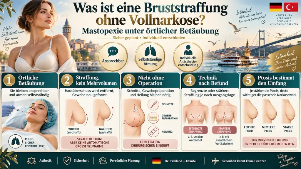 Bruststraffung ohne Vollnarkose: Infografik zu örtlicher Betäubung, Schnitttechniken und Ptosis-Graden.