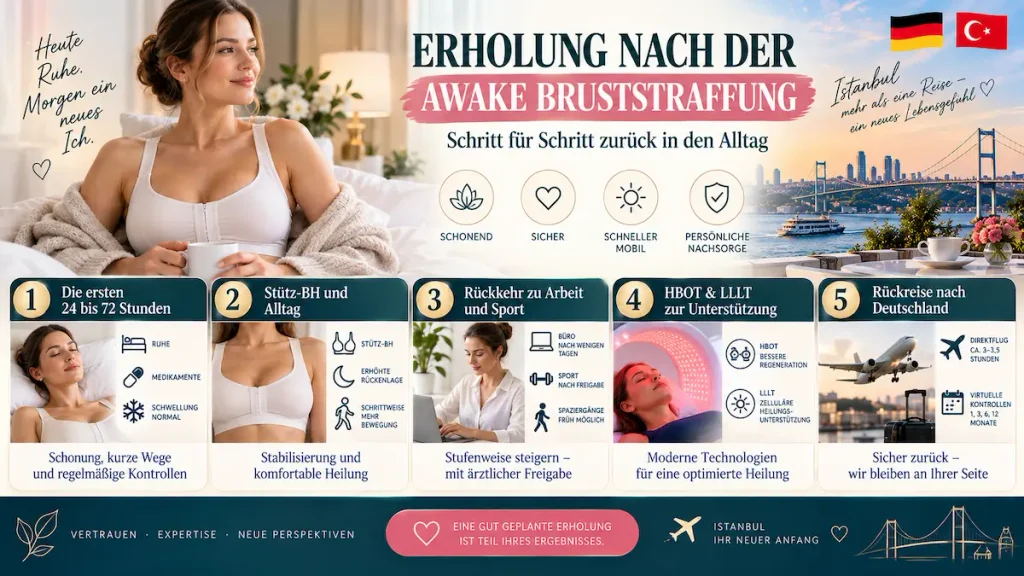Bruststraffung ohne Vollnarkose: Infografik zur Erholung mit Stütz-BH, Mobilisierung und Nachsorge.