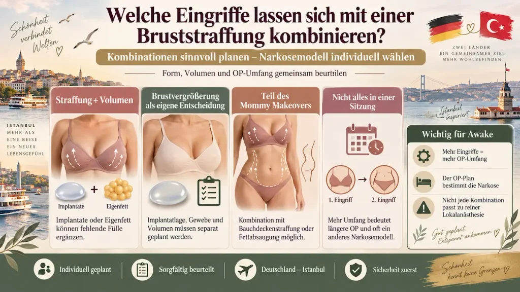 Bruststraffung ohne Vollnarkose: Infografik zu Implantaten, Eigenfett, Mommy Makeover und Grenzen kombinierter Eingriffe.