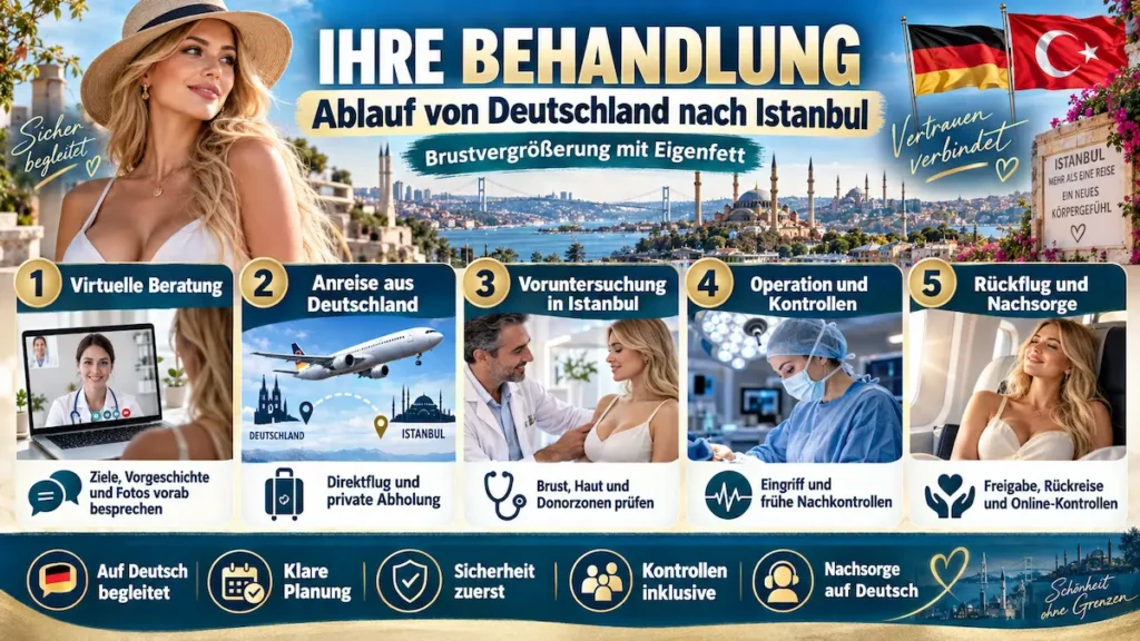 Brustvergrößerung mit Eigenfett: Infografik zum Behandlungsablauf von Deutschland nach Istanbul mit Beratung, Anreise, Voruntersuchung, Operation und Nachsorge