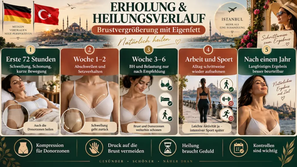 Brustvergrößerung mit Eigenfett: Infografik zum Heilungsverlauf mit ersten 72 Stunden, Woche 1–2, Woche 3–6, Sport und Ergebnis nach einem Jahr