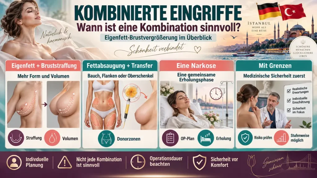 Brustvergrößerung mit Eigenfett: Infografik zu kombinierten Eingriffen mit Bruststraffung, Fettabsaugung und gemeinsamer Erholungsphase
