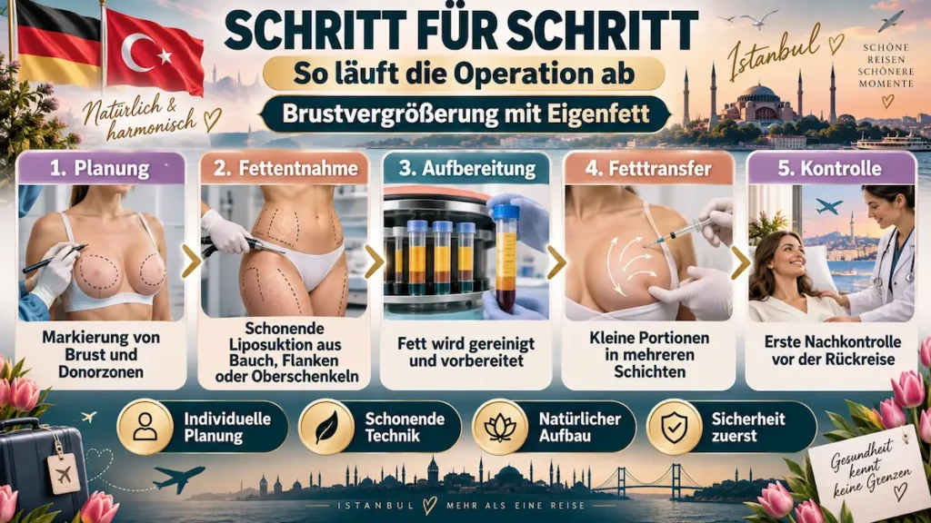 Brustvergrößerung mit Eigenfett: Infografik zum Operationsablauf mit Planung, Fettentnahme, Aufbereitung, Fetttransfer und erster Kontrolle