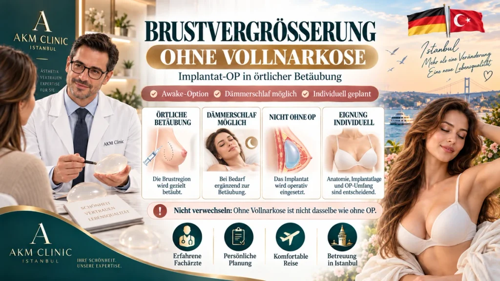 Brustvergrößerung ohne Vollnarkose: Arzt erklärt einer Patientin Implantate, örtliche Betäubung und Awake-Option.