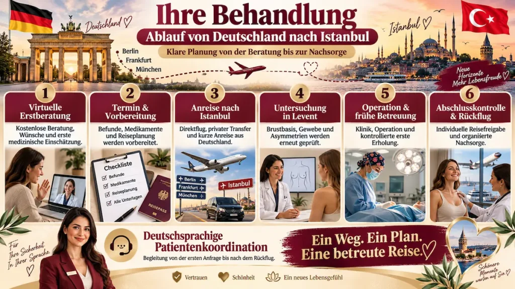 Brustvergrößerung Türkei: Infografik zum Ablauf von Beratung und Anreise bis Operation, Rückflug und Nachsorge in Istanbul.
