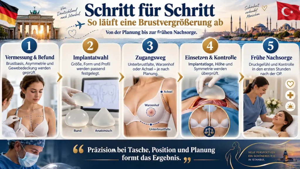 Brustvergrößerung Türkei: Schritt-für-Schritt-Infografik zu Vermessung, Implantatwahl, Zugangsweg, Einsetzen und Nachsorge.