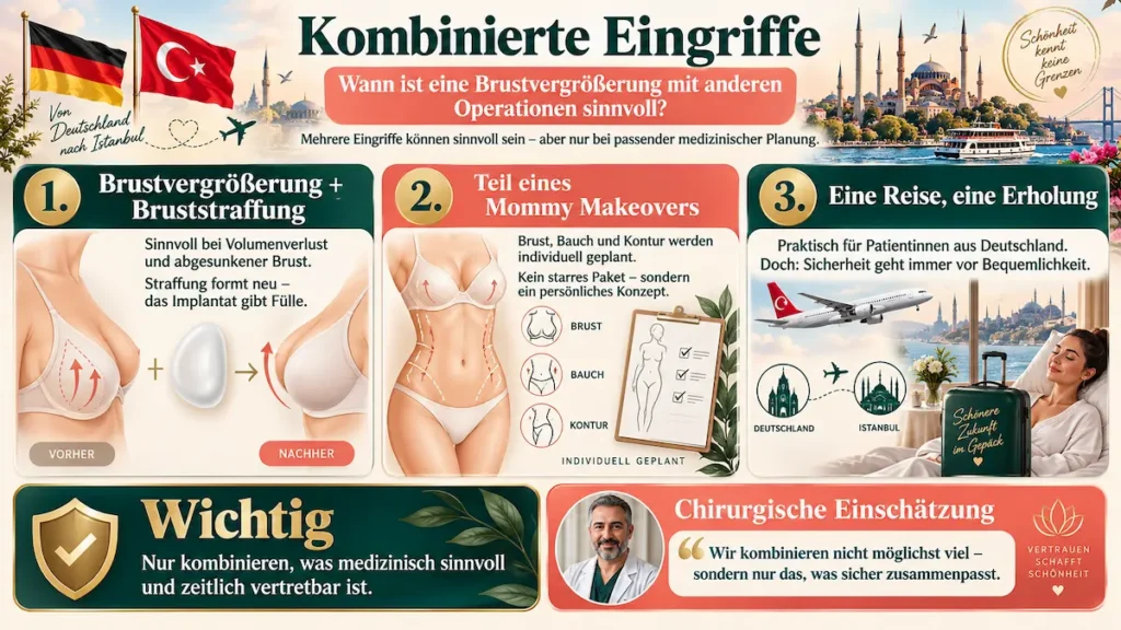 Brustvergrößerung Türkei: Infografik zu Bruststraffung, Mommy Makeover und kombinierten Eingriffen in Istanbul.
