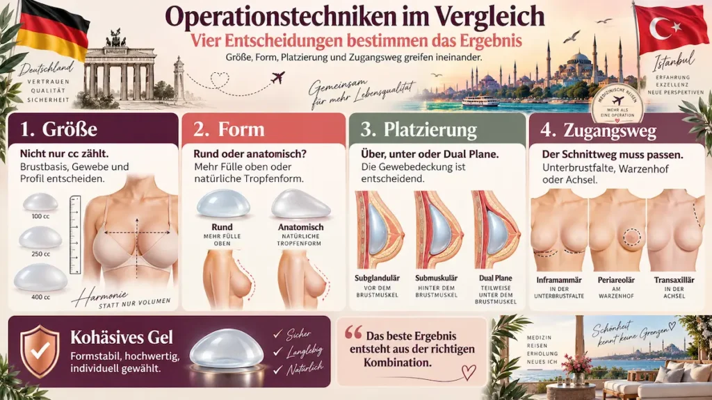 Brustvergrößerung Türkei: Vergleich von Implantatgröße, Form, Platzierung und Zugangsweg bei Brustimplantaten.
