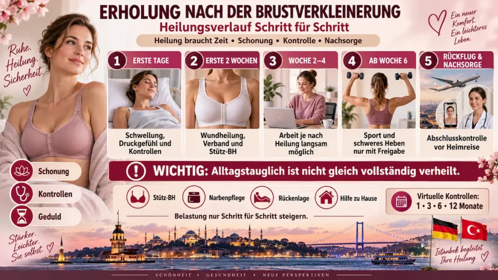 Brustverkleinerung in der Türkei: Infografik zu Heilungsphasen, Stütz-BH, Arbeitsbeginn, Sport und Nachsorge.