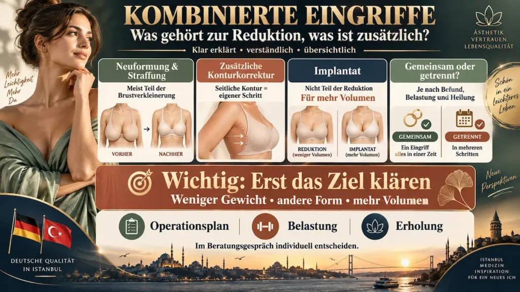 Brustverkleinerung in der Türkei: Infografik zur integrierten Straffung und zur Planung zusätzlicher Eingriffe.
