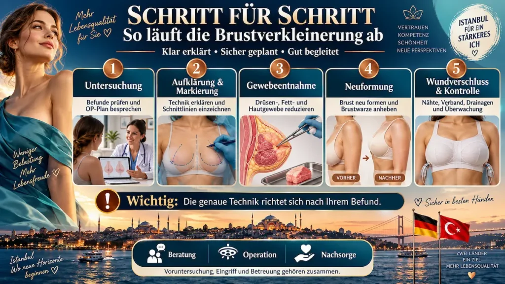 Brustverkleinerung in der Türkei: Infografik zu Untersuchung, OP-Markierung, Gewebeentnahme, Neuformung und Wundverschluss.