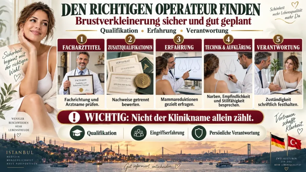 Brustverkleinerung in der Türkei: Infografik zu Facharzttitel, Erfahrung, Aufklärung und Verantwortung des Operateurs.
