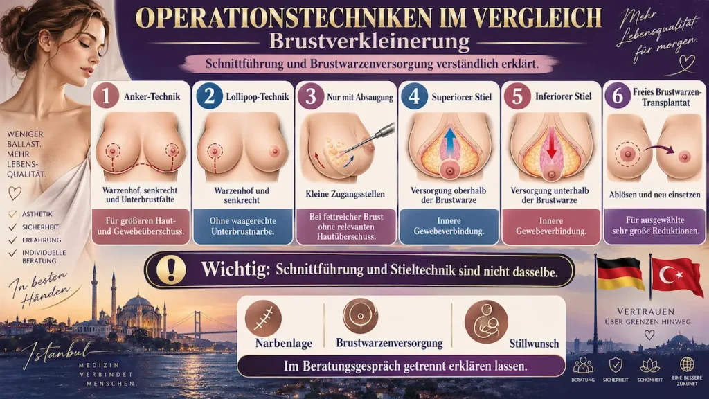 Brustverkleinerung in der Türkei: Infografik zu Schnittführungen, Fettabsaugung und Brustwarzenversorgung im Vergleich.