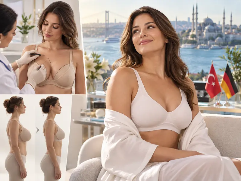 Brustverkleinerung in der Türkei: Bildcollage mit OP-Markierung, Profilvergleich und einer Frau vor Istanbuls Skyline.