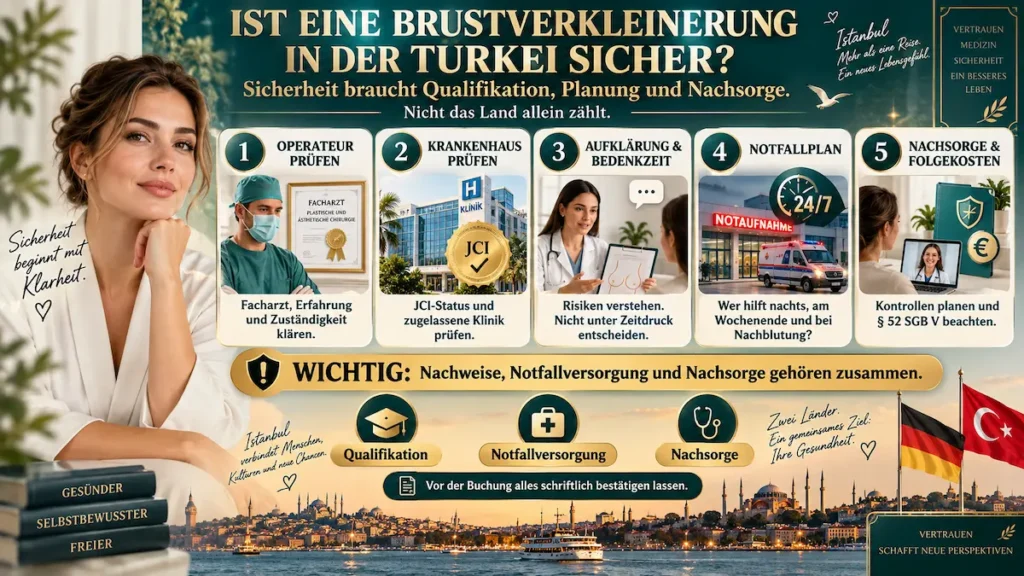 Brustverkleinerung in der Türkei: Infografik zu Arztwahl, Klinikprüfung, Aufklärung, Notfallplan und Nachsorge.