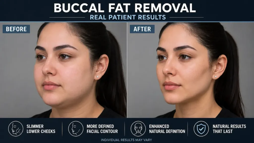 Buccal fat removal before and after photo showing slimmer lower cheeks, more defined facial contour, and natural-looking cheek refinement.