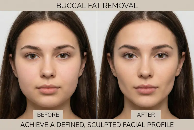 Buccal Fat Removal before and after showing reduced lower-cheek fullness and a more defined, natural facial contour